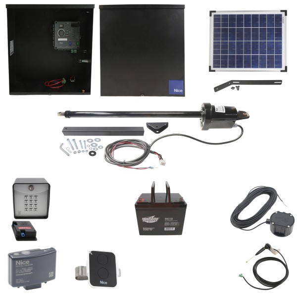 Nice Apollo 816 Linear Actuator Swing Gate Opener Complete Package with 310 Control Board, 20W Solar Panel, and 75 Ah Battery