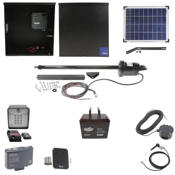 Nice Apollo 816 Linear Actuator Swing Gate Opener Complete Package with 310 Control Board, 20W Solar Panel, and 75 Ah Battery