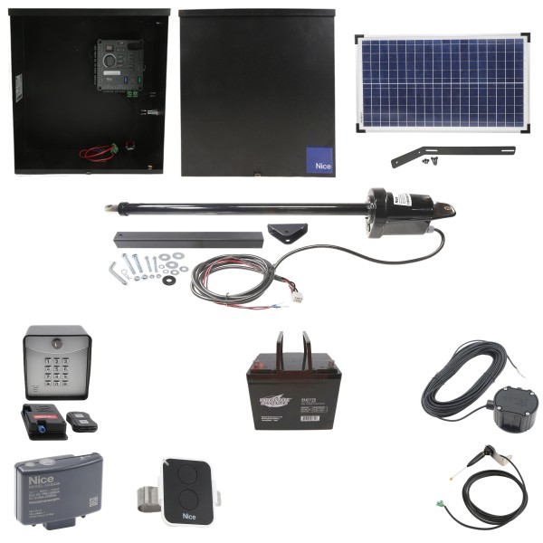 Nice Apollo 816 Linear Actuator Swing Gate Opener Complete Package with 310 Control Board, 30W Solar Panel, and 75 Ah Battery