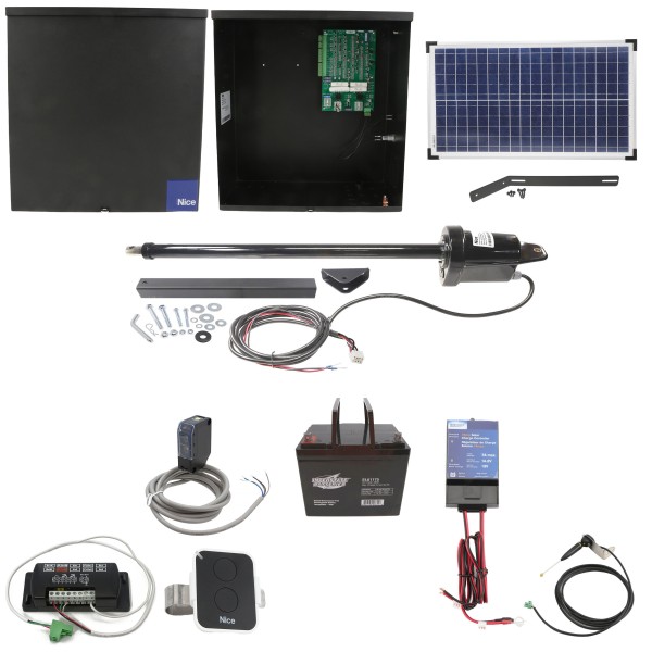 Nice Apollo 1500 Single Arm Swing Gate Opener Package with 636 Control Board, 30W Solar Panel, and 75 Ah Battery