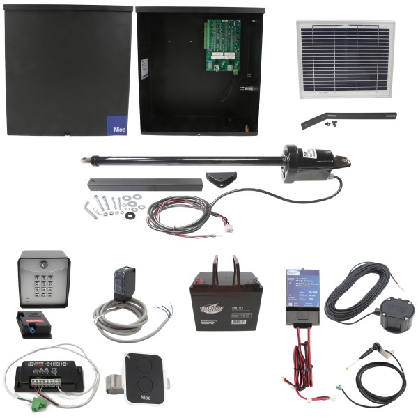 Nice Apollo 1500 Single Arm Swing Gate Opener Complete Package with 636 Control Board, 10W Solar Panel, and 75 Ah Battery