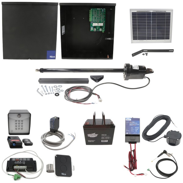 Nice Apollo 1500 Single Arm Swing Gate Opener Complete Package with 636 Control Board, 10W Solar Panel, and 75 Ah Battery
