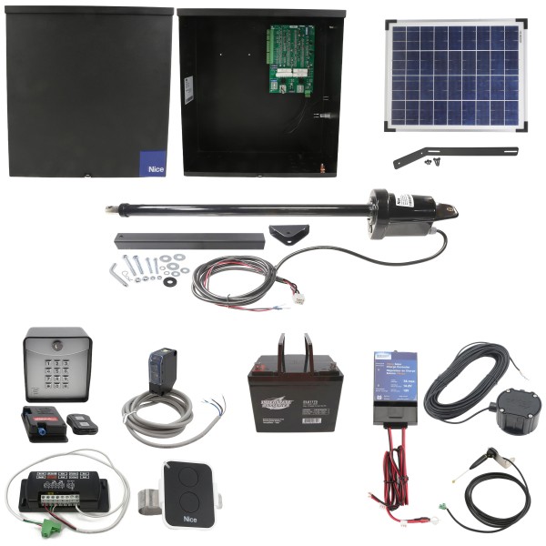 Nice Apollo 1500 Single Arm Swing Gate Opener Complete Package with 636 Control Board, 20W Solar Panel, and 75 Ah Battery