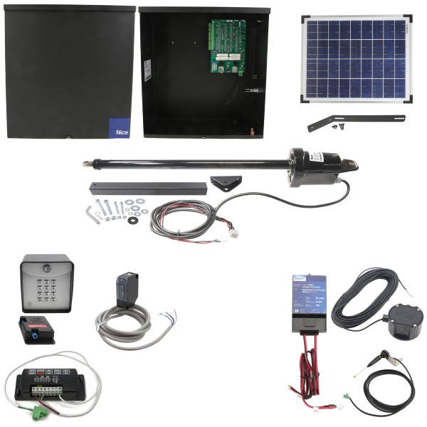 Nice Apollo 1500 20W Solar Swing Gate Opener Full Package w/ 636 Control Board, Photo Eye, Keypad, & Exit System