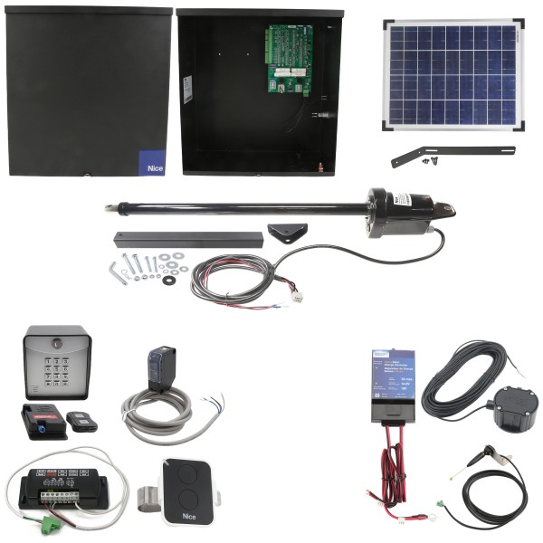 Nice Apollo 1500 20W Solar Swing Gate Opener Full Package w/ 636 Control Board, Photo Eye, Keypad, & Exit System