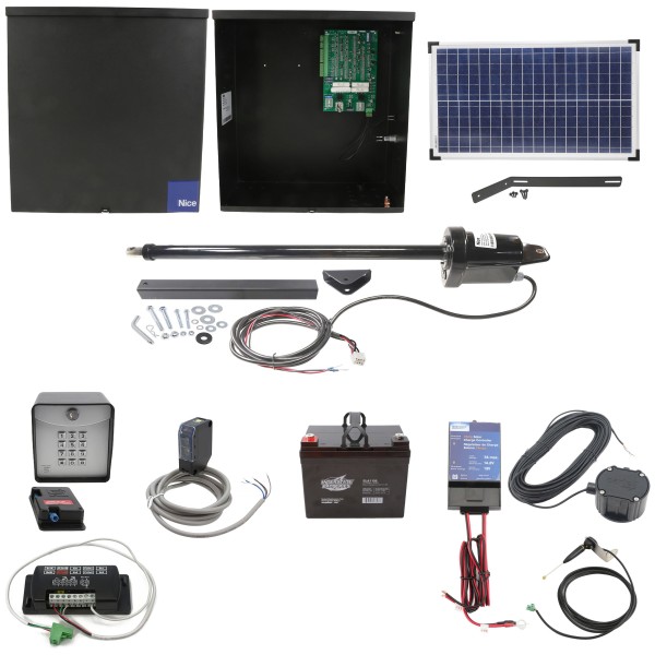 Nice Apollo Apollo 1500 Single Arm Swing Gate Opener Complete Package with 636 Control Board, 30W Solar Panel, and 35 Ah Battery