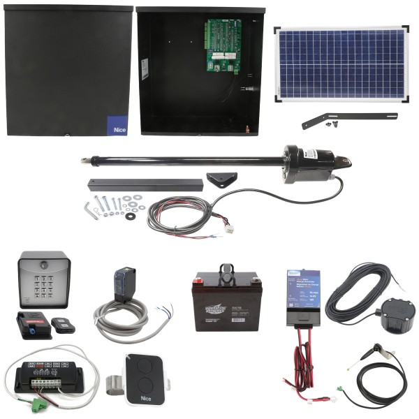 Nice Apollo Apollo 1500 Single Arm Swing Gate Opener Complete Package with 636 Control Board, 30W Solar Panel, and 35 Ah Battery