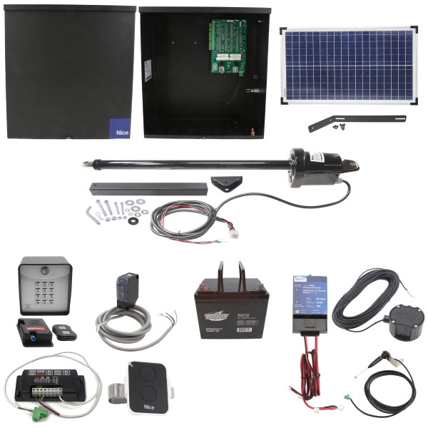 Nice Apollo 1500 Single Arm Swing Gate Opener Complete Package with 636 Control Board, 30W Solar Panel, and 75 Ah Battery