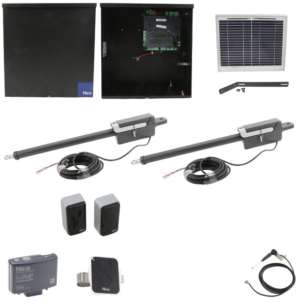 Nice Apollo TITAN12L1 Dual Swing Gate Opener Solar Package w/ 1050 Control Board and 10 Watt Solar Panel