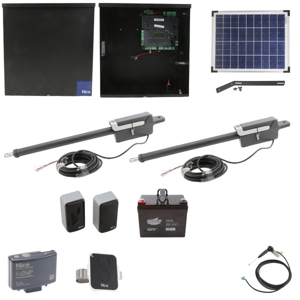 Nice Apollo Titan 12L1 Dual Swing Gate Opener Complete Package with 1050 Control Board, 20W Solar Panel, and 35 Ah Battery