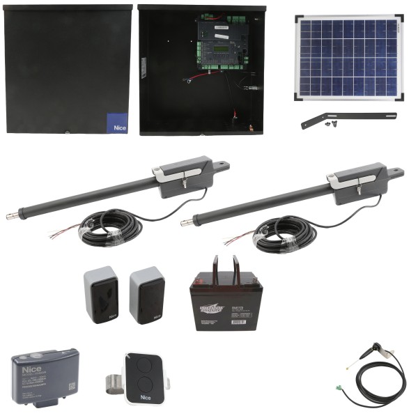 Nice Apollo Titan 12L1 Dual Swing Gate Opener Package with 1050 Control Board, 20W Solar Panel, and 75 Ah Battery