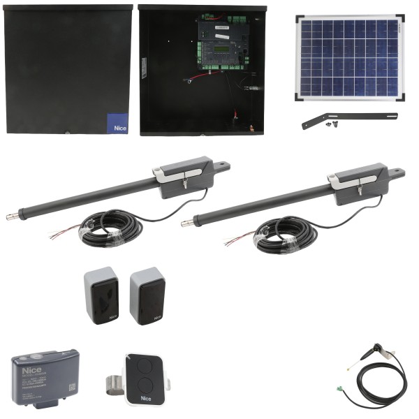 Nice Apollo TITAN12L1 Dual Swing Gate Opener Solar Package w/ 1050 Control Board and 20 Watt Solar Panel