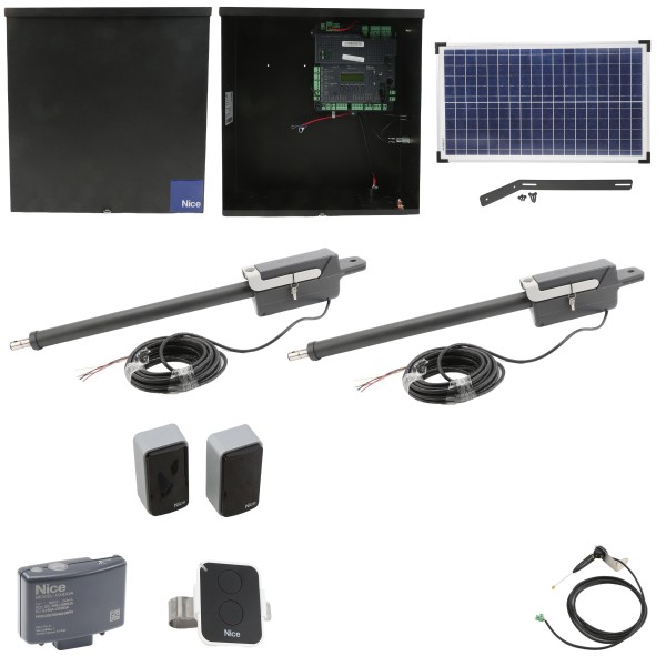 Nice Apollo TITAN12L1 Dual Swing Gate Opener Solar Package w/ 1050 Control Board and 30 Watt Solar Panel