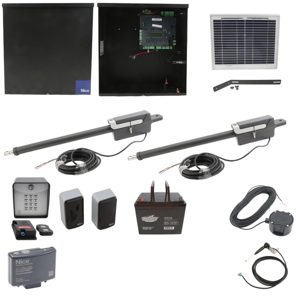 Nice Apollo Titan 12L1 Dual Swing Gate Opener Complete Package with 1050 Control Board, 10W Solar Panel, and 75 Ah Battery