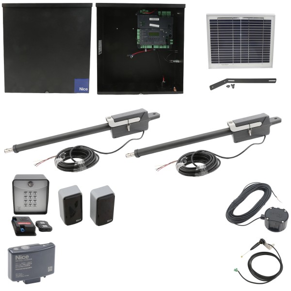 Nice Apollo TITAN12L1 Dual Swing Gate Opener Solar Package w/ 1050 Control Board, 10 Watt Solar Panel and Entry/Exit Controls