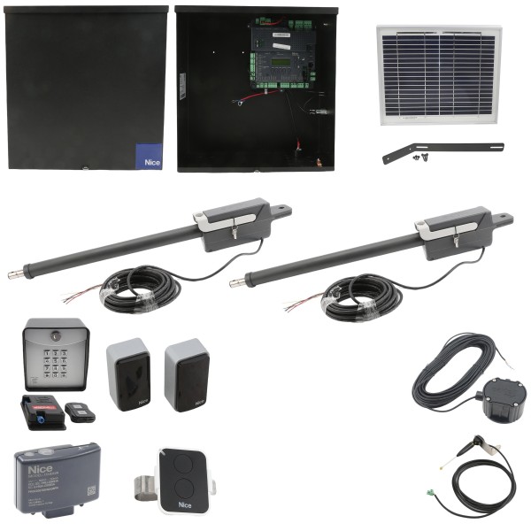 Nice Apollo TITAN12L1 Dual Swing Gate Opener Solar Package w/ 1050 Control Board, 10 Watt Solar Panel and Entry/Exit Controls