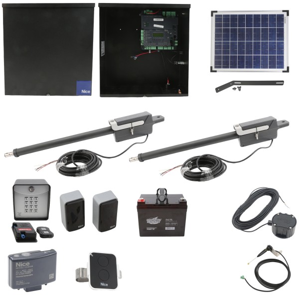 Nice Apollo Titan 12L1 Dual Swing Gate Opener Complete Package with 1050 Control Board, 20W Solar Panel, and 35 Ah Battery