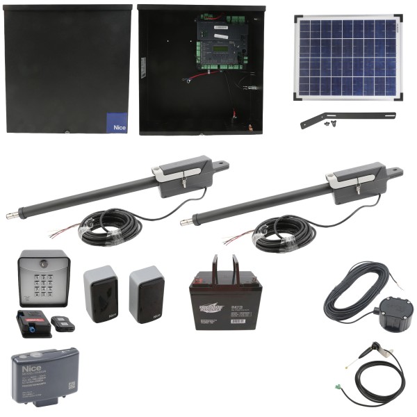 Nice Apollo Titan 12L1 Dual Swing Gate Opener Complete Package with 1050 Control Board, 20W Solar Panel, and 75 Ah Battery