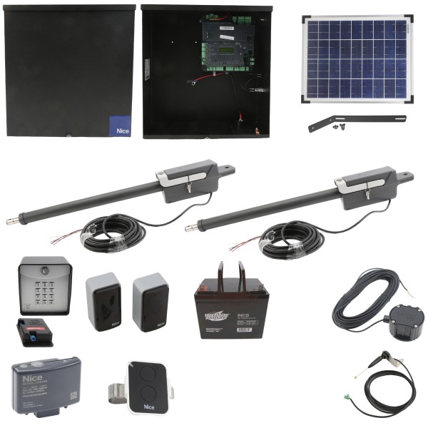 Nice Apollo Titan 12L1 Dual Swing Gate Opener Complete Package with 1050 Control Board, 20W Solar Panel, and 75 Ah Battery