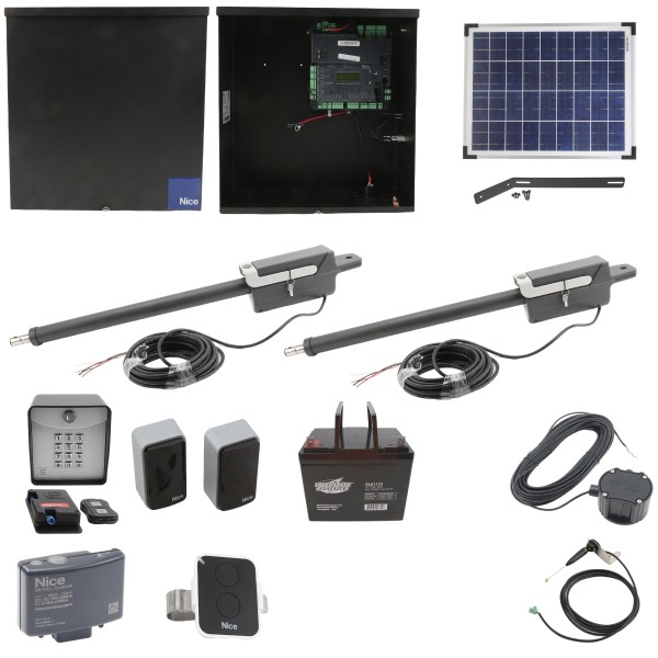 Nice Apollo Titan 12L1 Dual Swing Gate Opener Complete Package with 1050 Control Board, 20W Solar Panel, and 75 Ah Battery