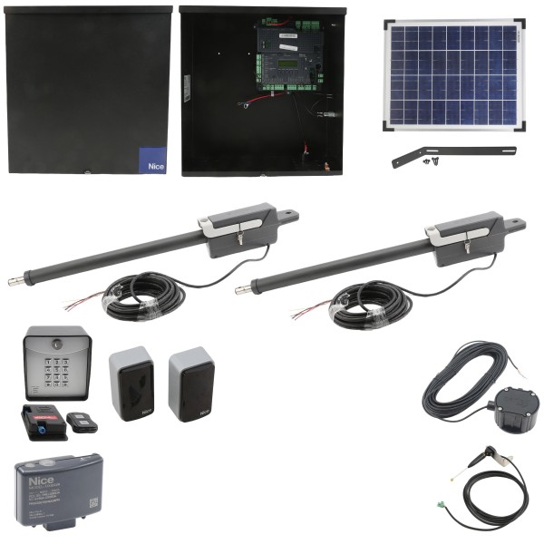 Nice Apollo TITAN12L1 Dual Swing Gate Opener Solar Package w/ 1050 Control Board, 20 Watt Solar Panel and Entry/Exit Controls