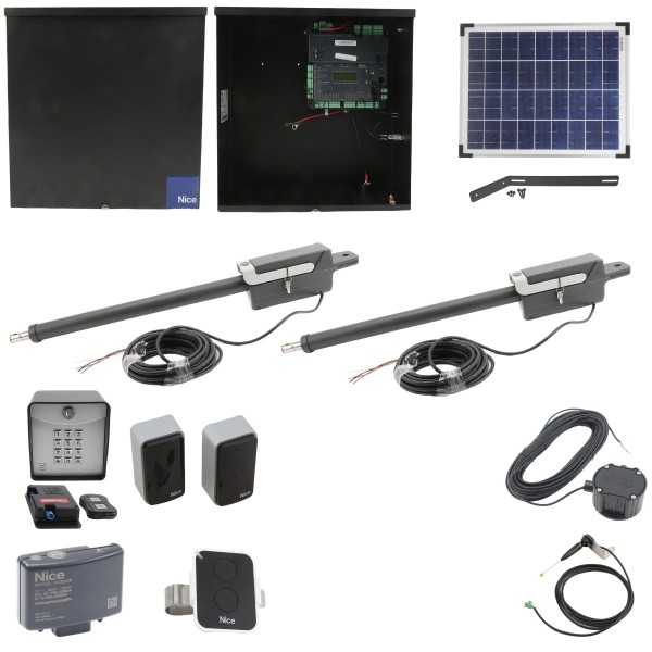 Nice Apollo TITAN12L1 Dual Swing Gate Opener Solar Package w/ 1050 Control Board, 20 Watt Solar Panel and Entry/Exit Controls