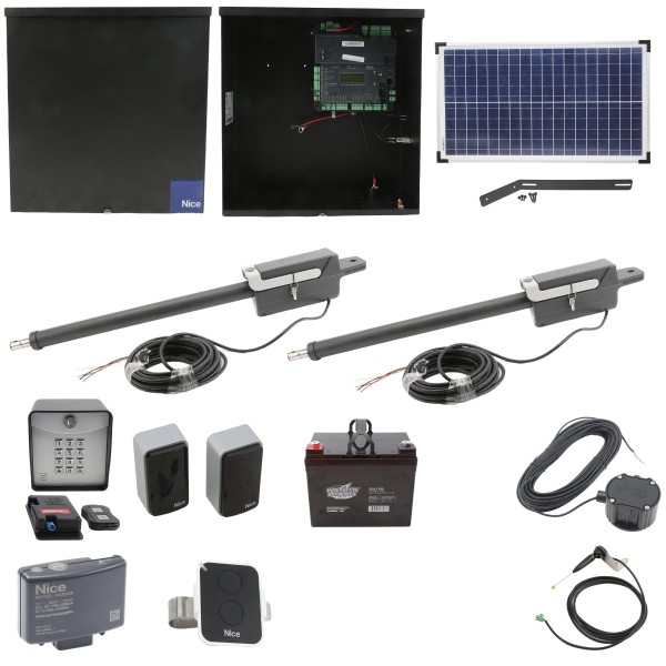 Nice Apollo Titan 12L1 Dual Swing Gate Opener Complete Package with 1050 Control Board, 30W Solar Panel, and 35 Ah Battery