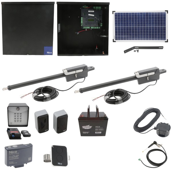 Nice Apollo Titan 12L1 Dual Swing Gate Opener Complete Package with 1050 Control Board, 30W Solar Panel, and 75 Ah Battery