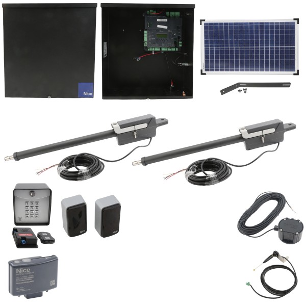 Nice Apollo TITAN12L1 Dual Swing Gate Opener Solar Package w/ 1050 Control Board, 30 Watt Solar Panel and Entry/Exit Controls