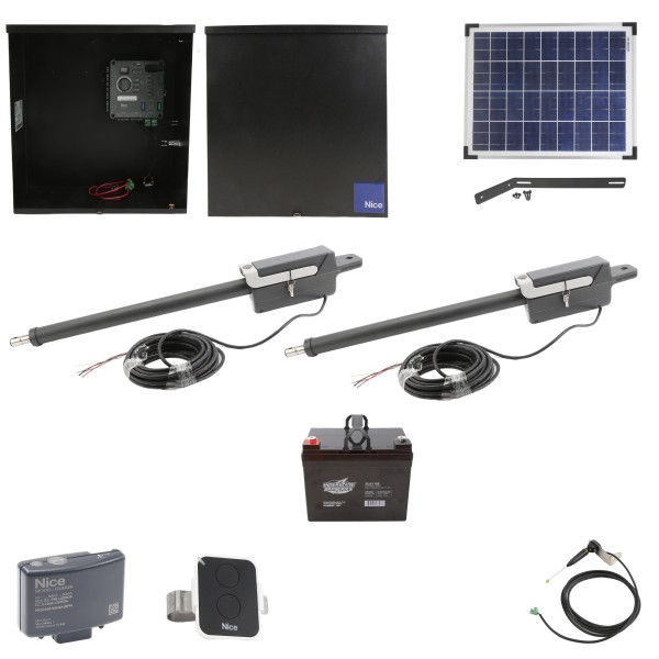 Nice Apollo Titan 310 Dual Arm Swing Gate Opener Package with 310 Control Board, 20W Solar Panel, and 35 Ah Battery