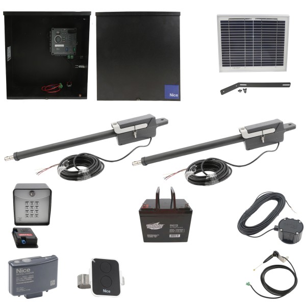 Nice Apollo Titan 912L1 Dual Actuator Swing Gate Opener Complete Package with 310 Control Board, 10W Solar Panel, and 75 Ah Battery