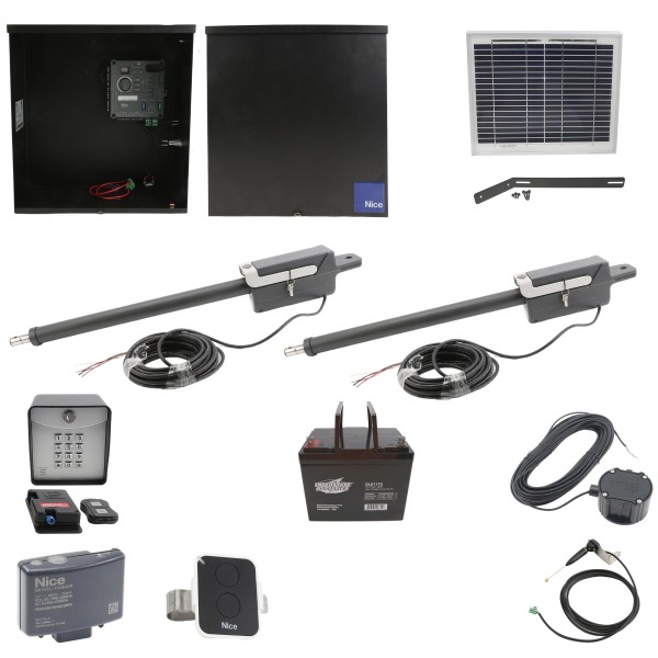 Nice Apollo Titan 912L1 Dual Actuator Swing Gate Opener Complete Package with 310 Control Board, 10W Solar Panel, and 75 Ah Battery