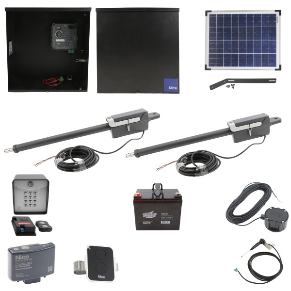 Nice Apollo Titan 310 Dual Arm Swing Gate Opener Complete Package with 310 Control Board, 20W Solar Panel, and 35 Ah Battery