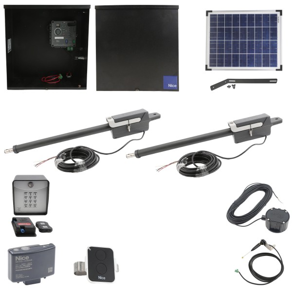 Nice Apollo 310APOLLODUAL-20S Swing Gate Opener Package W/ 20 Watt Solar Panel & Linear Actuators