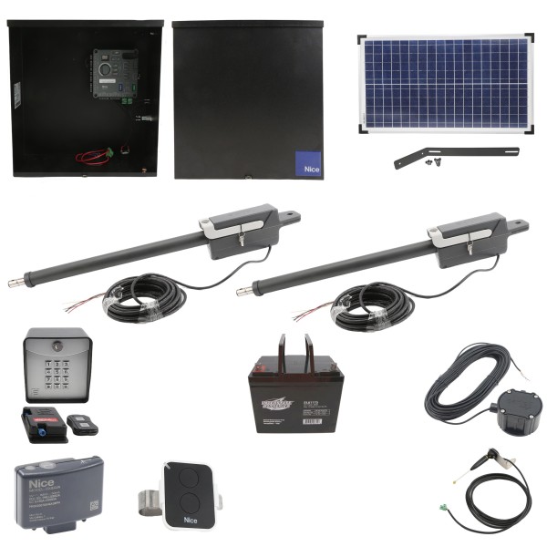 Nice Apollo Titan 912L1 Dual Actuator Swing Gate Opener Complete Package with 310 Control Board, 30W Solar Panel, and 75 Ah Battery