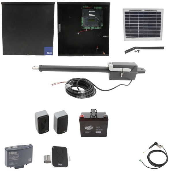 Nice Apollo Titan 12L1 Single Swing Gate Opener Package with 1050 Control Board, 10W Solar Panel, and 35 Ah Battery