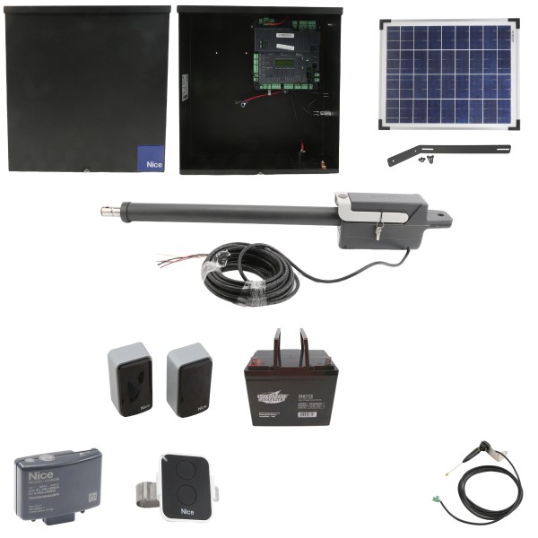 Nice Apollo Titan 12L1 Single Swing Gate Opener Package with 1050 Control Board, 20W Solar Panel, and 75 Ah Battery