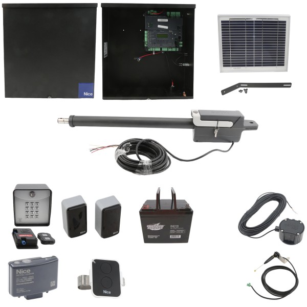 Nice Apollo Titan 12L1 Single Swing Gate Opener Complete Package with 1050 Control Board, 10W Solar Panel, and 75 Ah Battery