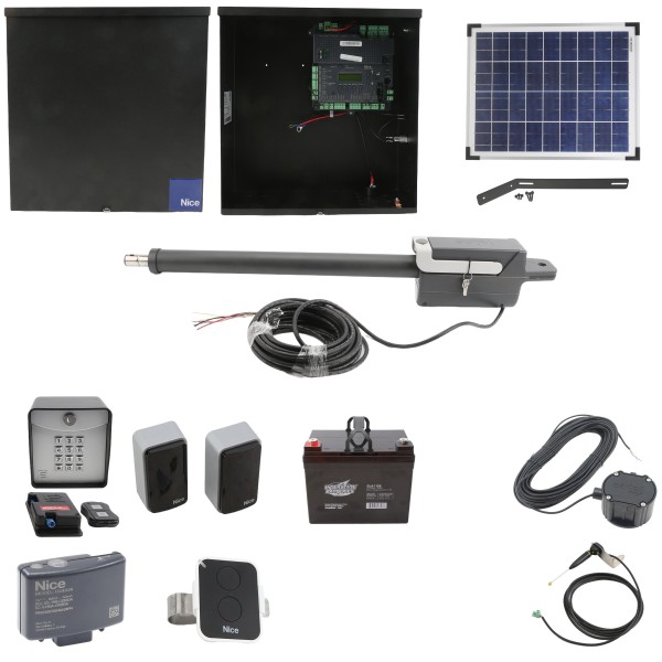 Nice Apollo Titan 12L1 Single Swing Gate Opener Complete Package with 1050 Control Board, 20W Solar Panel, and 35 Ah Battery