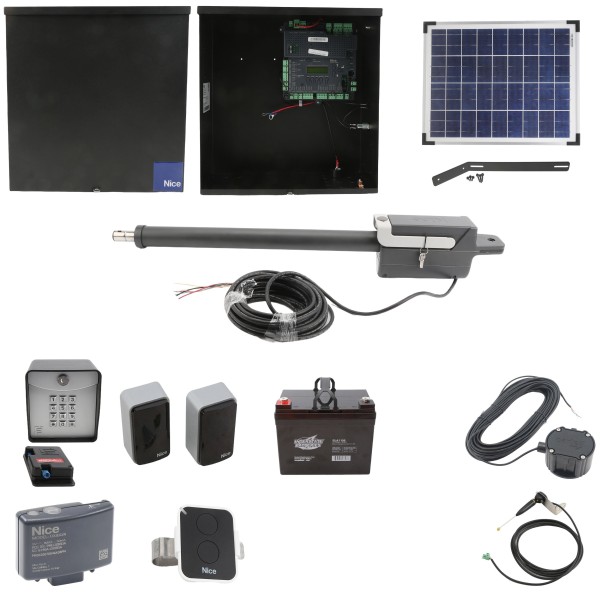 Nice Apollo Titan 12L1 Single Swing Gate Opener Complete Package with 1050 Control Board, 20W Solar Panel, and 35 Ah Battery