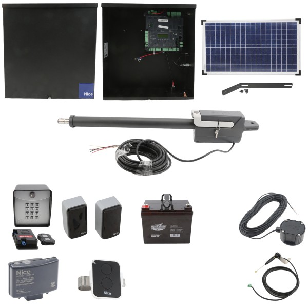Nice Apollo Titan 12L1 Single Swing Gate Opener Complete Package with 1050 Control Board, 30W Solar Panel, and 35 Ah Battery