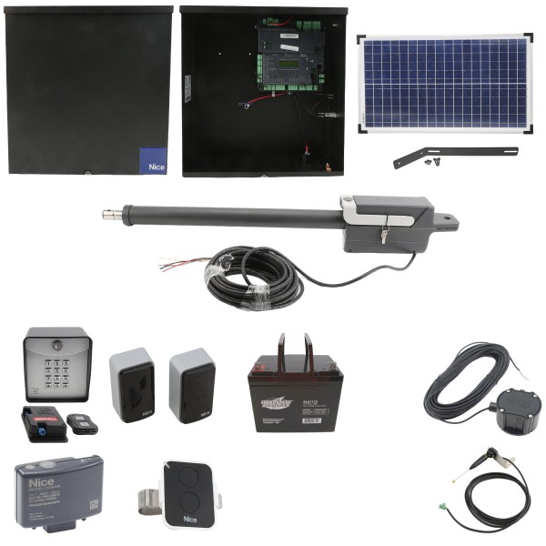 Nice Apollo Titan 12L1 Single Swing Gate Opener Complete Package with 1050 Control Board, 30W Solar Panel, and 75 Ah Battery