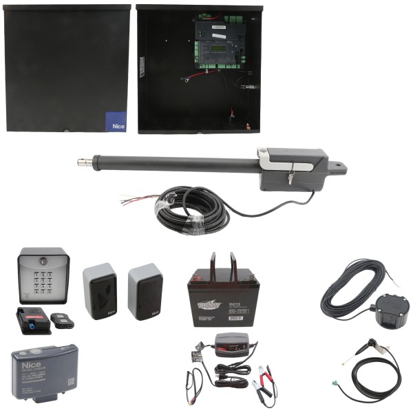 Nice Apollo Titan 12L1 Single Swing Gate Opener Complete Package with 1050 Control Board, 30W Solar Panel, and 75 Ah Battery