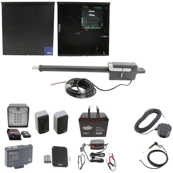 Nice Apollo Titan 12L1 Single Swing Gate Opener Complete Package with 1050 Control Board, 30W Solar Panel, and 75 Ah Battery
