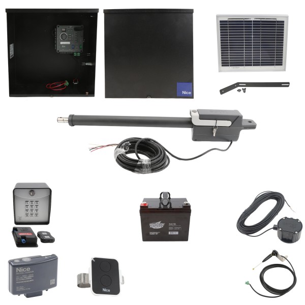Nice Apollo Titan 310 Single Arm Swing Gate Opener Complete Package with 310 Control Board, 10W Solar Panel, and 35 Ah Battery