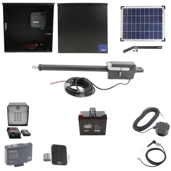 Nice Apollo Titan 310 Single Arm Swing Gate Opener Complete Package with 310 Control Board, 20W Solar Panel, and 35 Ah Battery