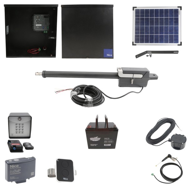Nice Apollo Titan 912L1 Actuator Swing Gate Opener Complete Package with 310 Control Board, 20W Solar Panel, and 75 Ah Battery