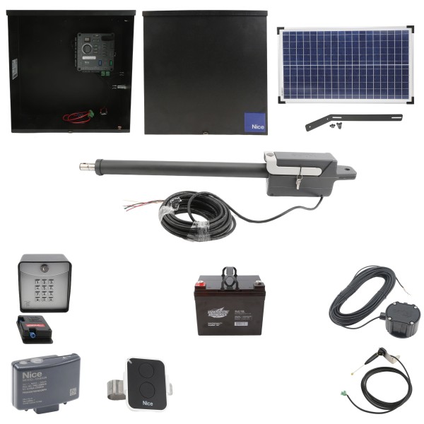 Nice Apollo Titan 310 Single Arm Swing Gate Opener Complete Package with 310 Control Board, 30W Solar Panel, and 35 Ah Battery