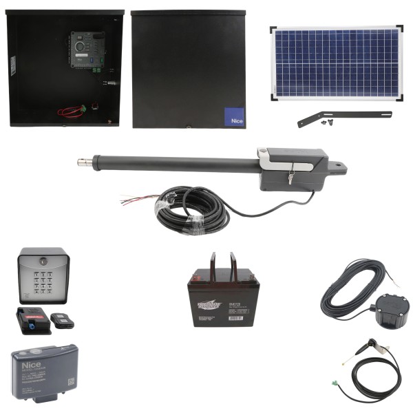 Nice Apollo Titan 912L1 Actuator Swing Gate Opener Complete Package with 310 Control Board, 30W Solar Panel, and 75 Ah Battery