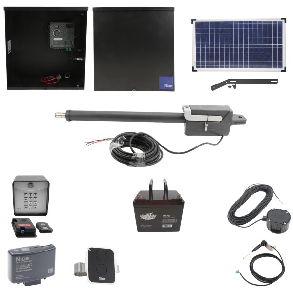Nice Apollo Titan 912L1 Actuator Swing Gate Opener Complete Package with 310 Control Board, 30W Solar Panel, and 75 Ah Battery